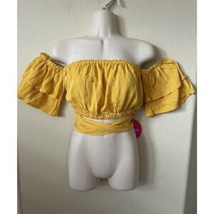 Mustard Yellow Off Shoulder Waist Wrap Criss Cross Tie Women’s Crop Top Size XS